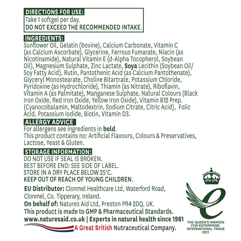 Natures Aid Multi-Vitamins & Minerals (with Iron) (90 Softgels) – Kép 2