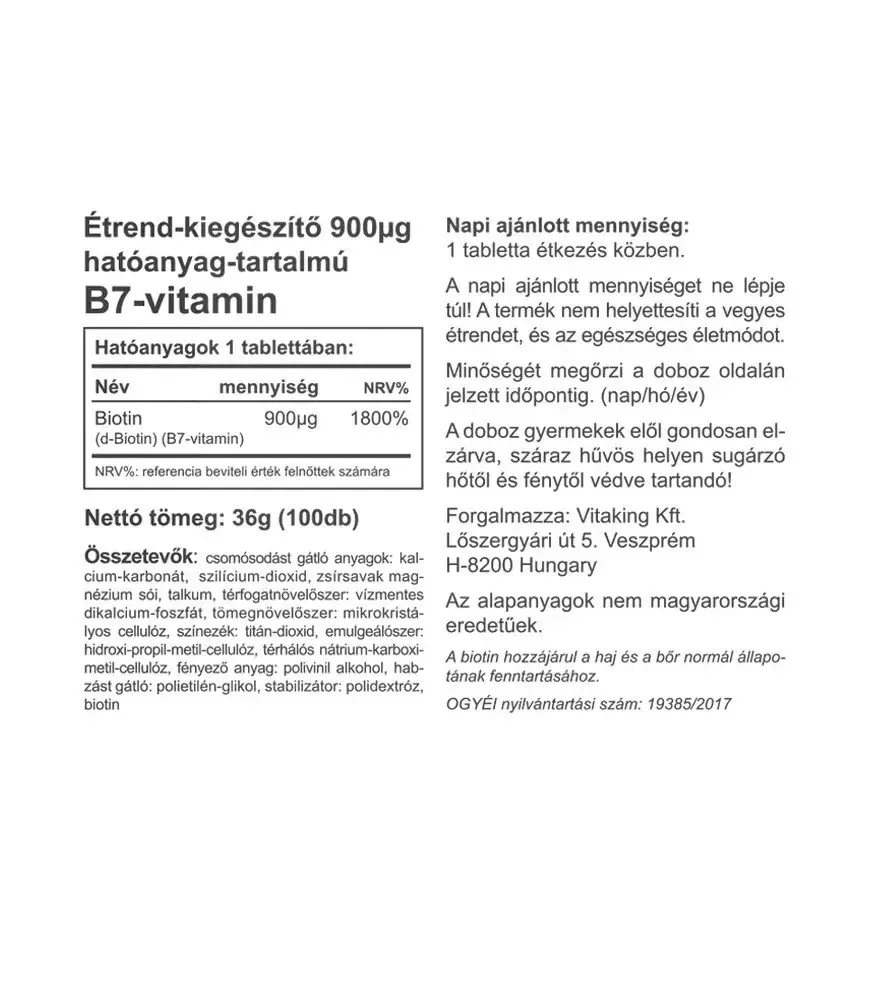 Vitaking B7 Biotin 900 mcg (100 Tabletta) – Kép 2