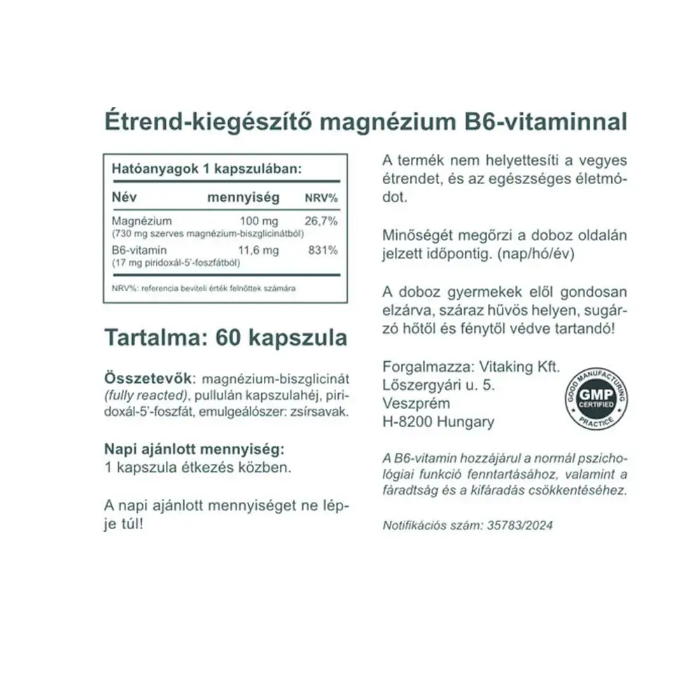 Vitaking Magnesium Bisglycinate + Vitamin B6 (P5P) (60 kapszula) – Kép 2