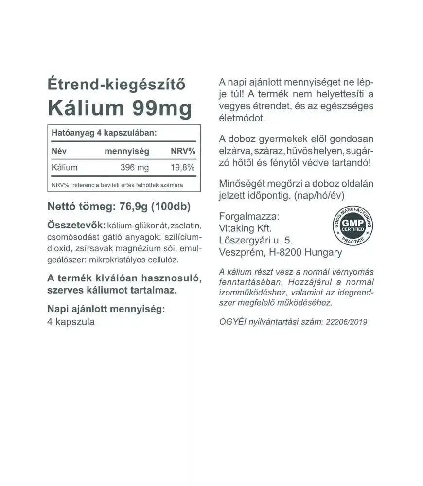 Vitaking Potassium 396 mg (100 Kapszula) – Kép 2