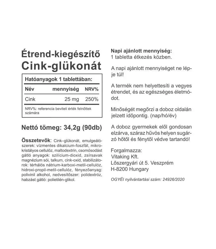 Vitaking Zinc Gluconate 25 mg (90 Tabletta) – Kép 2